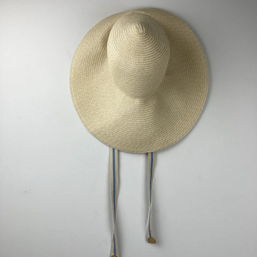 H&M Hat Women Tan Paper‎ Straw Wide Brim Sun Hat Frayed Edge S/54